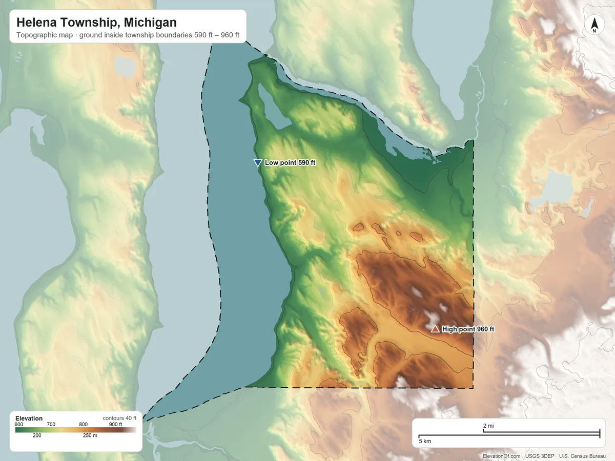 Topographic elevation map of Helena Township, Michigan, shaded from 590 ft on the northwest side to 960 ft on the southeast side