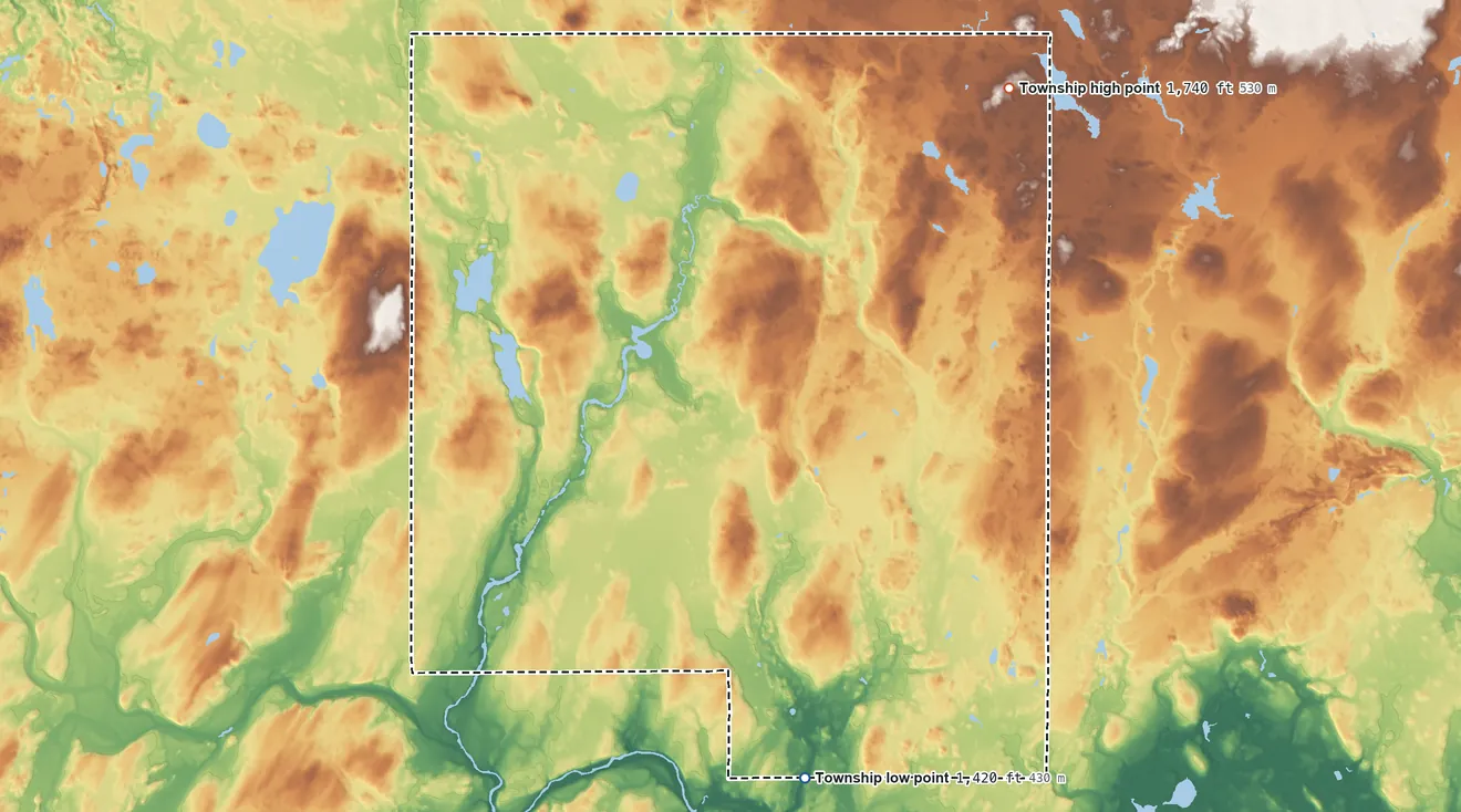 Topographic elevation map of Hematite Township, Michigan, shaded from 1,420 ft on the south side to 1,740 ft on the north side