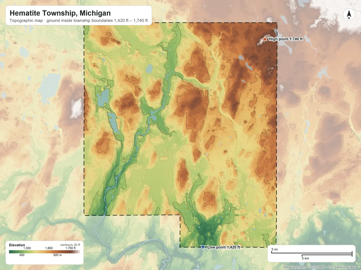 Topographic elevation map of Hematite Township, Michigan, shaded from 1,420 ft on the south side to 1,740 ft on the north side