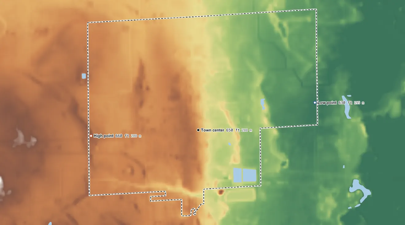 Topographic elevation map of Hemlock, Michigan, shaded from 630 ft on the east side to 660 ft on the west side
