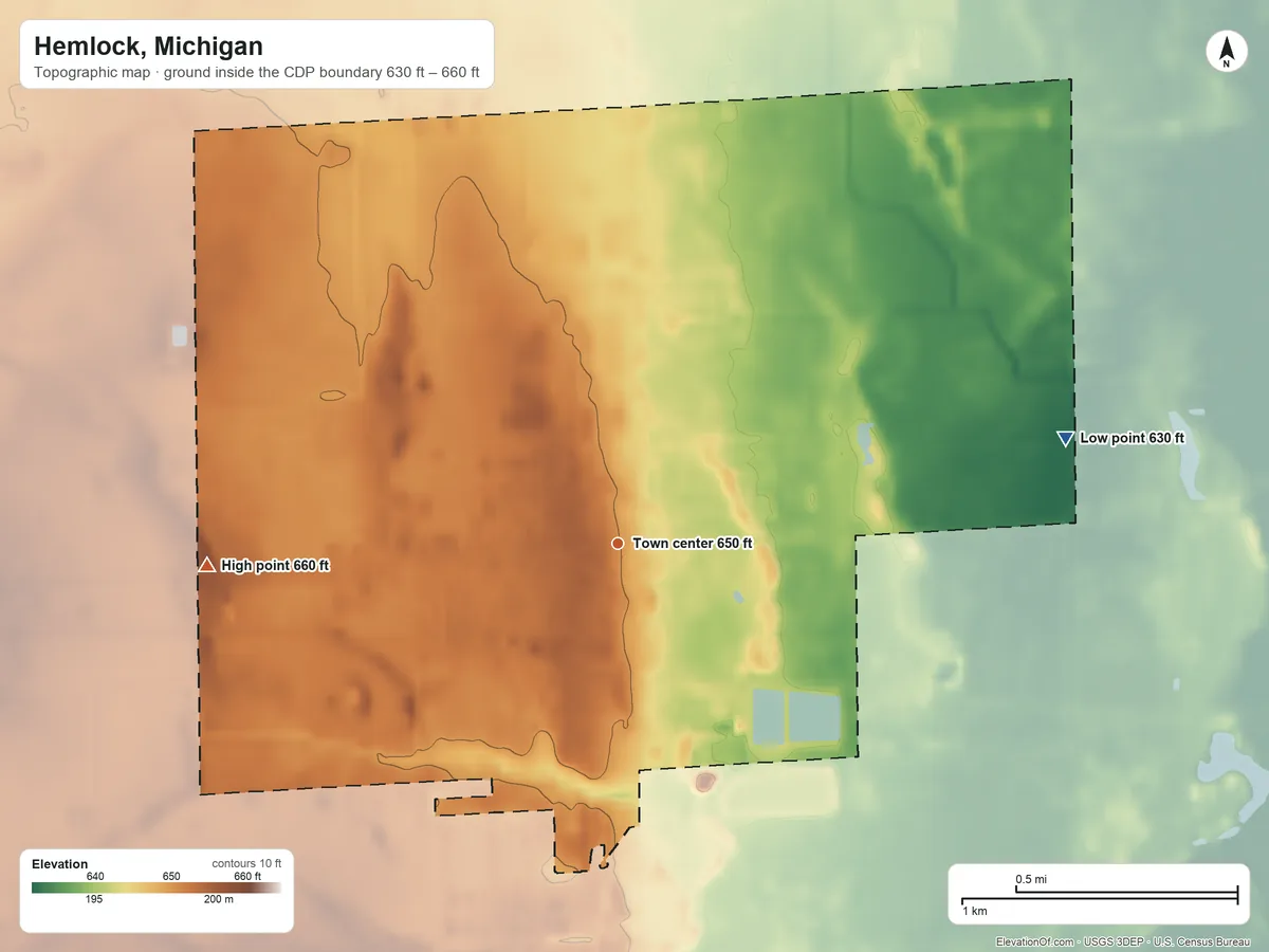 Topographic elevation map of Hemlock, Michigan, shaded from 630 ft on the east side to 660 ft on the west side
