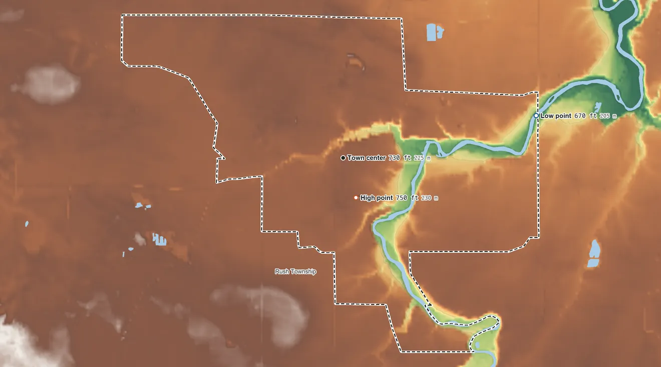 Topographic elevation map of Henderson, Michigan, shaded from 670 ft on the east side to 750 ft near the middle