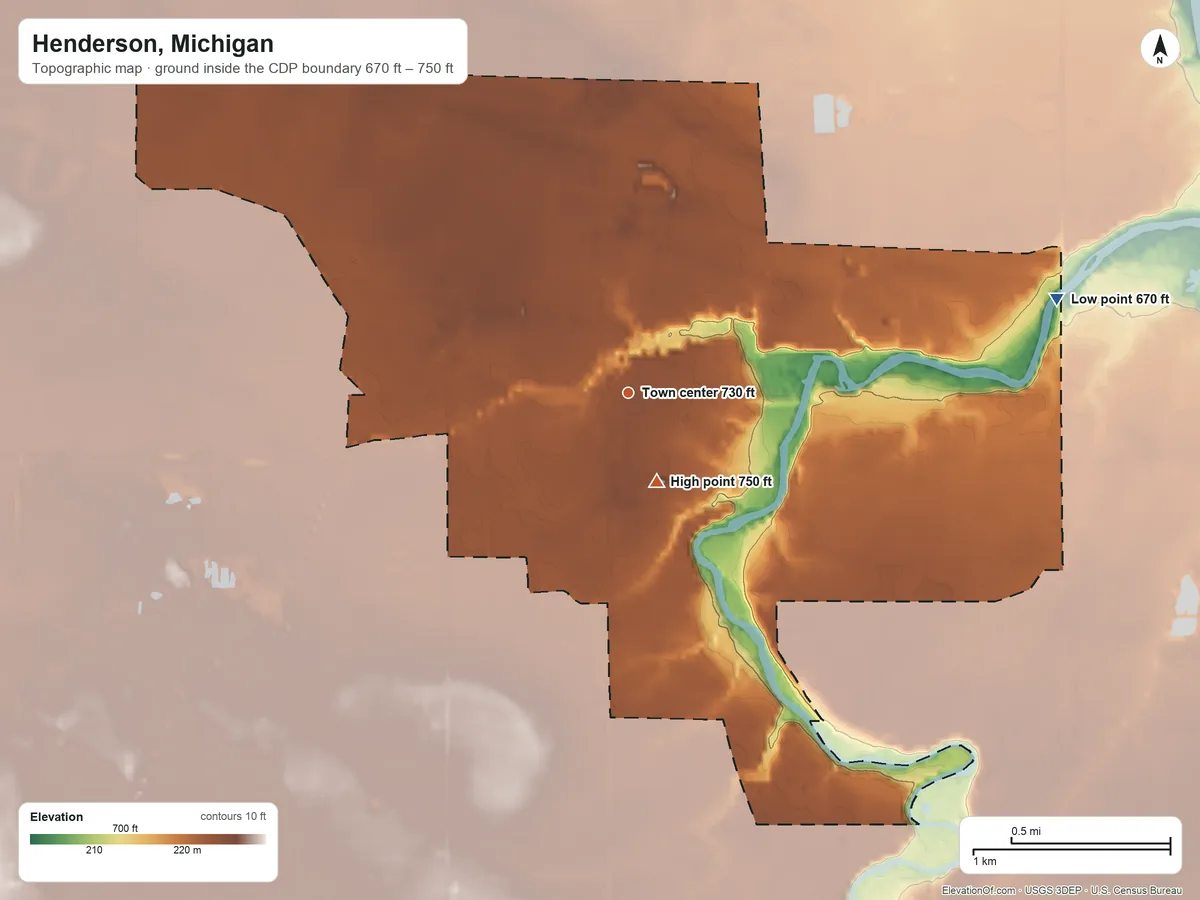 Topographic elevation map of Henderson, Michigan, shaded from 670 ft on the east side to 750 ft near the middle