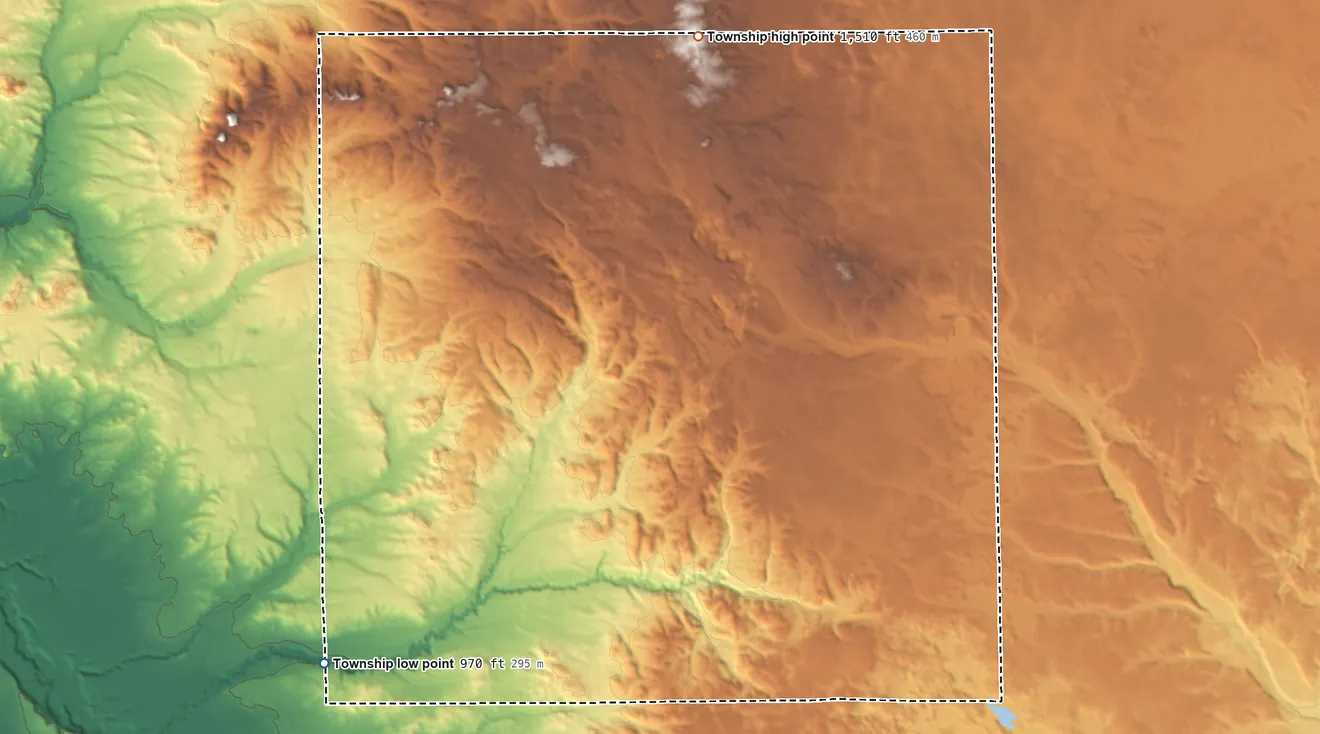 Topographic elevation map of Henderson Township, Michigan, shaded from 970 ft on the southwest side to 1,510 ft on the north side
