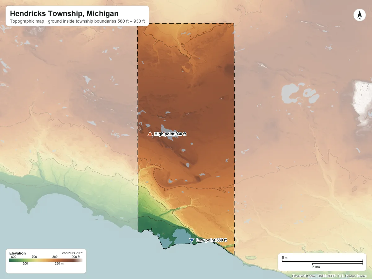 Topographic elevation map of Hendricks Township, Michigan, shaded from 580 ft on the south side to 930 ft on the north side