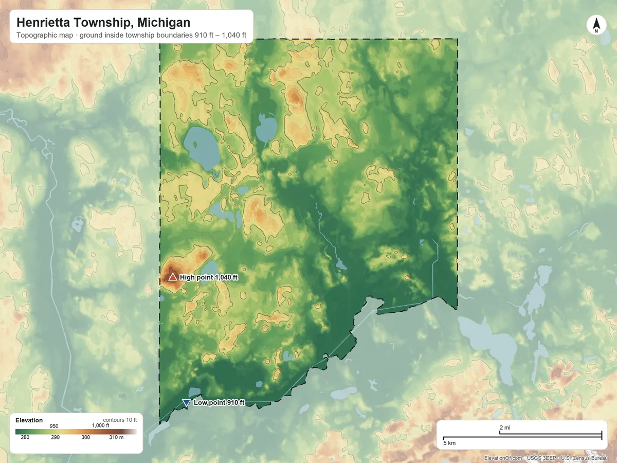 Topographic elevation map of Henrietta Township, Michigan, shaded from 910 ft on the southwest side to 1,040 ft on the southwest side