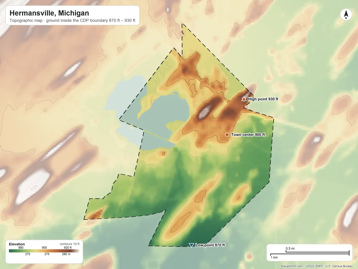 Topographic elevation map of Hermansville, Michigan, shaded from 870 ft on the south side to 930 ft on the northeast side