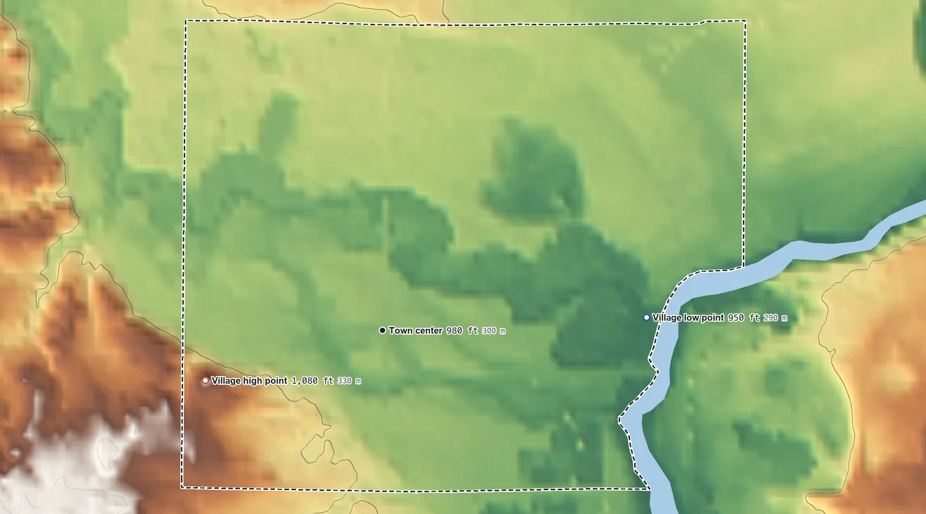Topographic elevation map of Hersey, Michigan, shaded from 950 ft on the east side to 1,080 ft on the west side