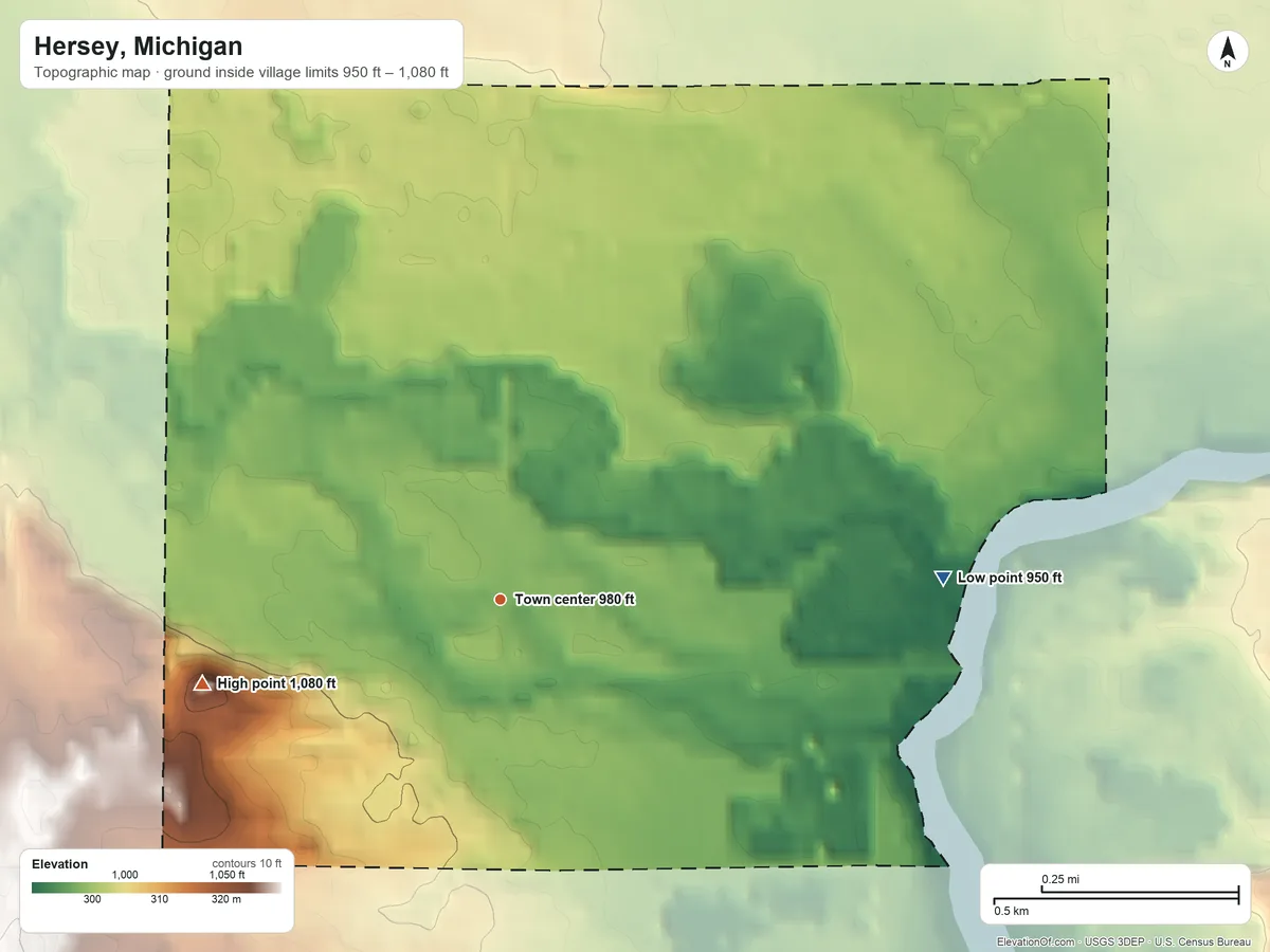 Topographic elevation map of Hersey, Michigan, shaded from 950 ft on the east side to 1,080 ft on the west side
