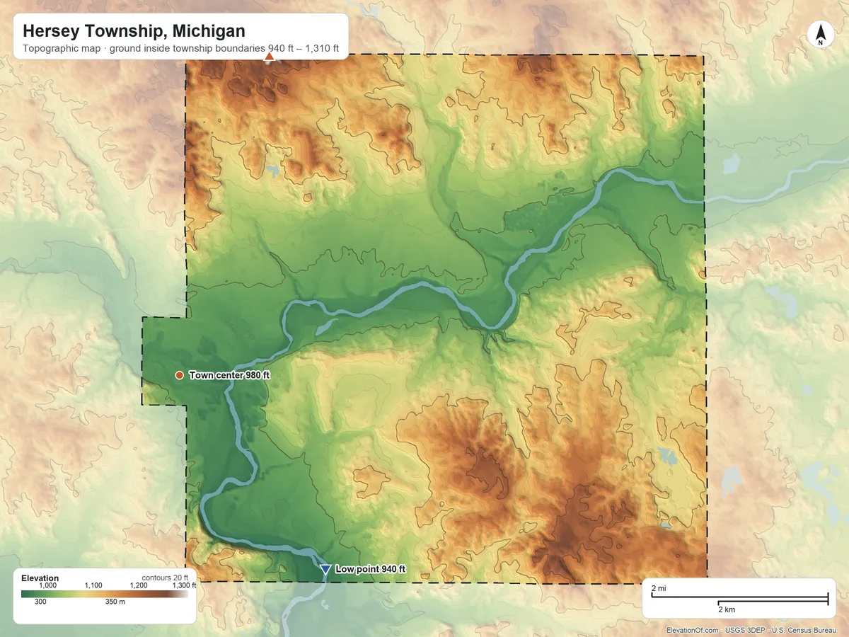 Topographic elevation map of Hersey Township, Michigan, shaded from 940 ft on the southeast side to 1,310 ft on the north side