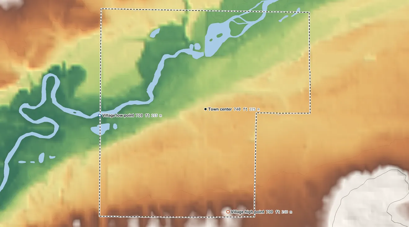 Topographic elevation map of Hesperia, Michigan, shaded from 710 ft on the west side to 790 ft on the south side