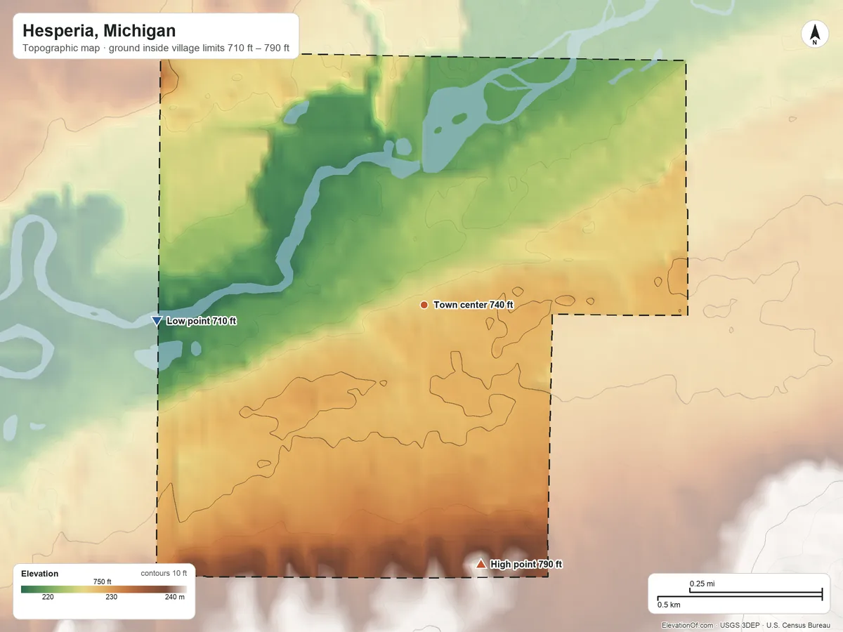Topographic elevation map of Hesperia, Michigan, shaded from 710 ft on the west side to 790 ft on the south side
