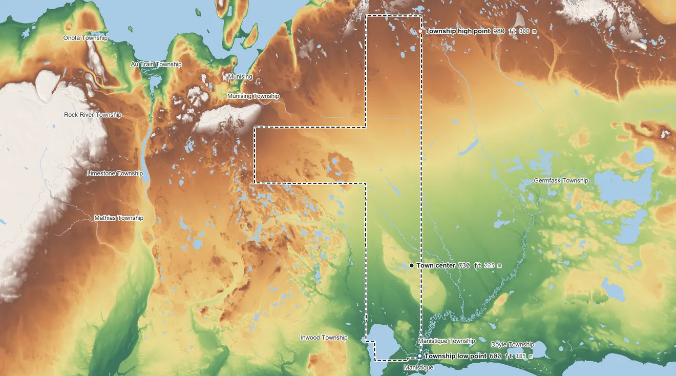 Topographic elevation map of Hiawatha Township, Michigan, shaded from 600 ft on the south side to 980 ft on the north side