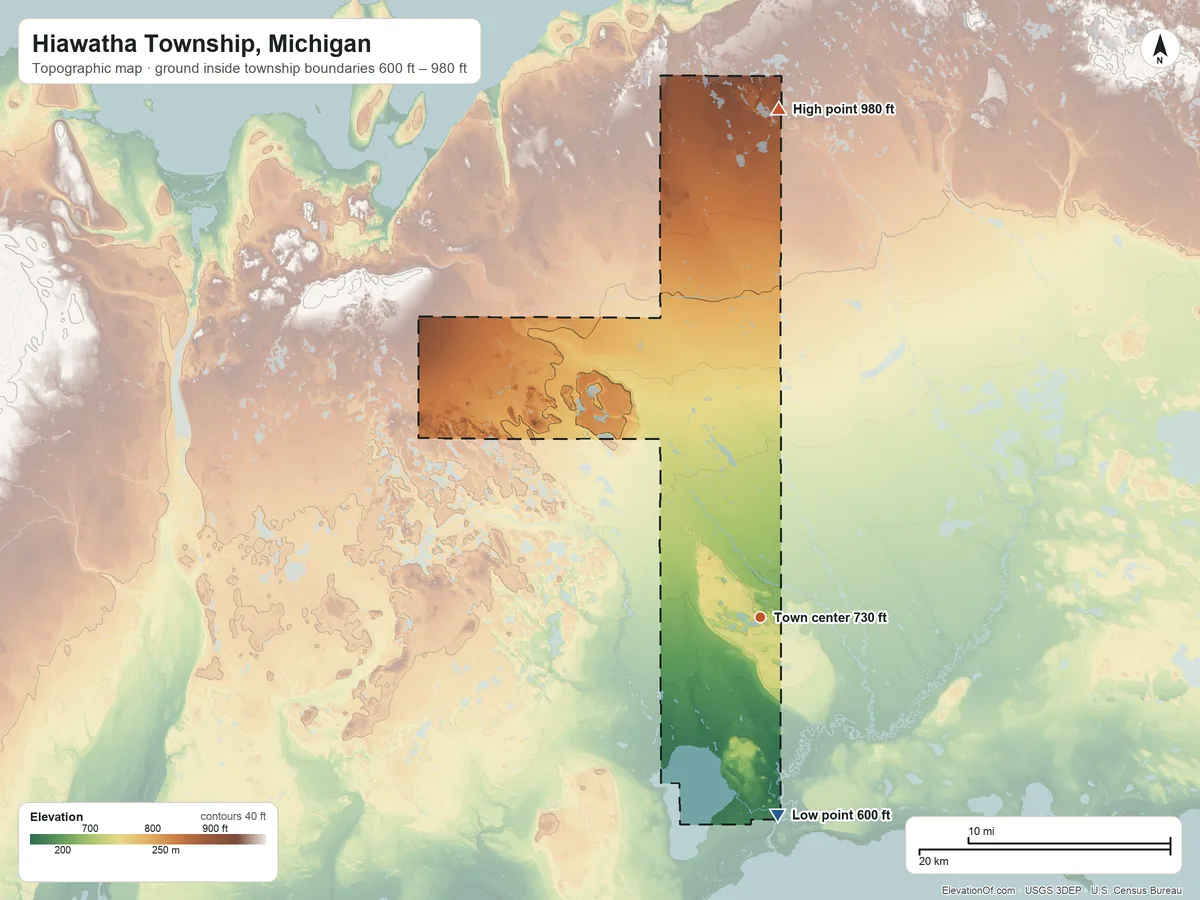 Topographic elevation map of Hiawatha Township, Michigan, shaded from 600 ft on the south side to 980 ft on the north side