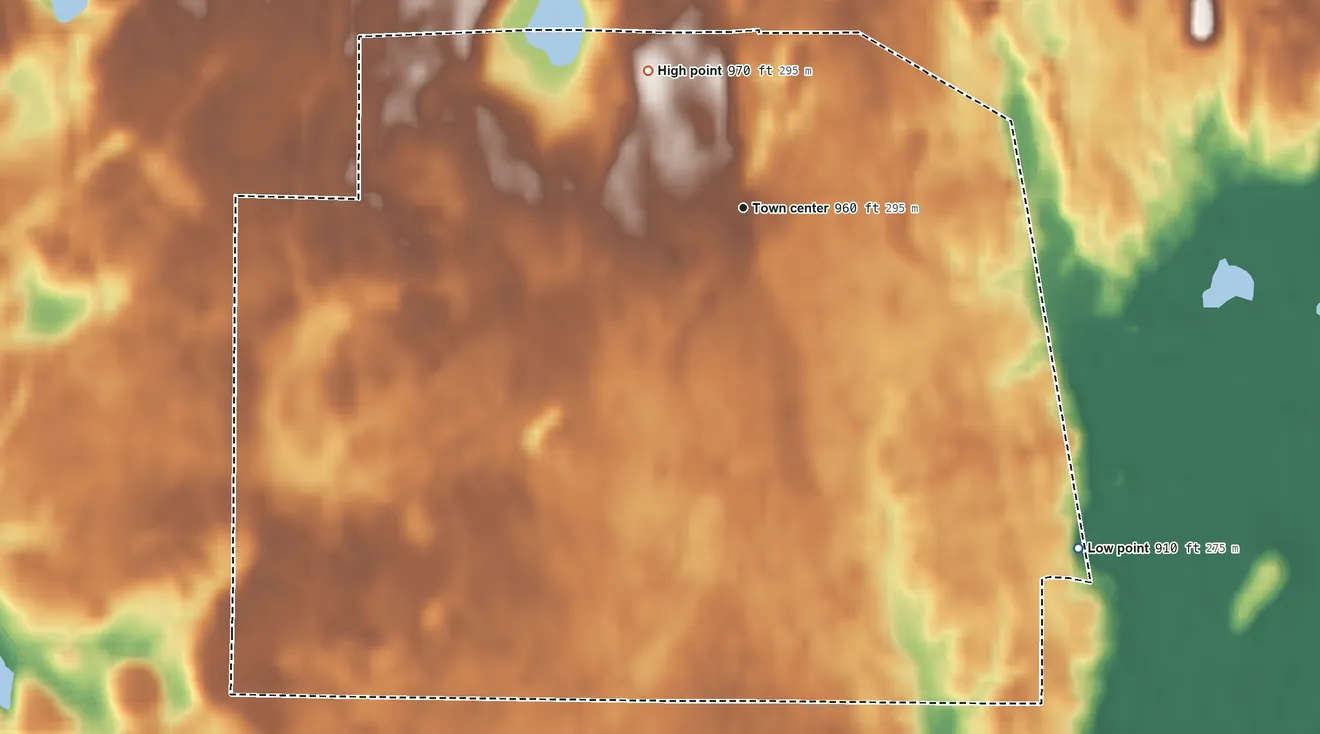 Topographic elevation map of Hickory Corners, Michigan, shaded from 910 ft on the southeast side to 970 ft on the northwest side