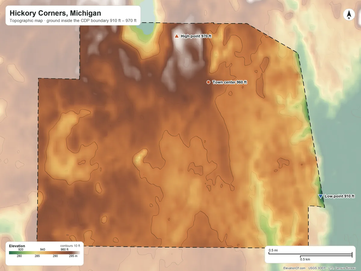 Topographic elevation map of Hickory Corners, Michigan, shaded from 910 ft on the southeast side to 970 ft on the northwest side