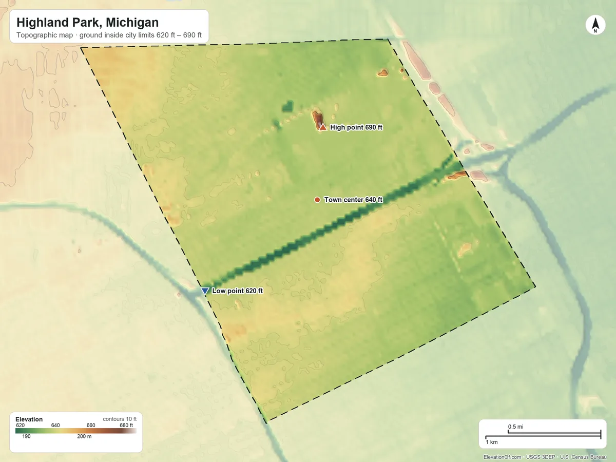 Topographic elevation map of Highland Park, Michigan, shaded from 620 ft on the southwest side to 690 ft on the north side