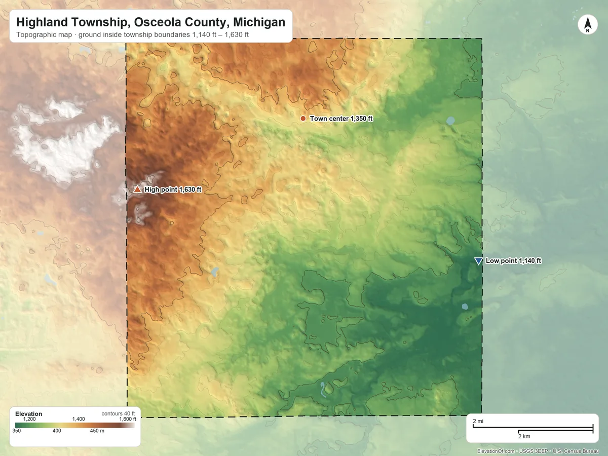Topographic elevation map of Highland Township, Osceola County, Michigan, shaded from 1,140 ft on the southeast side to 1,630 ft on the southwest side