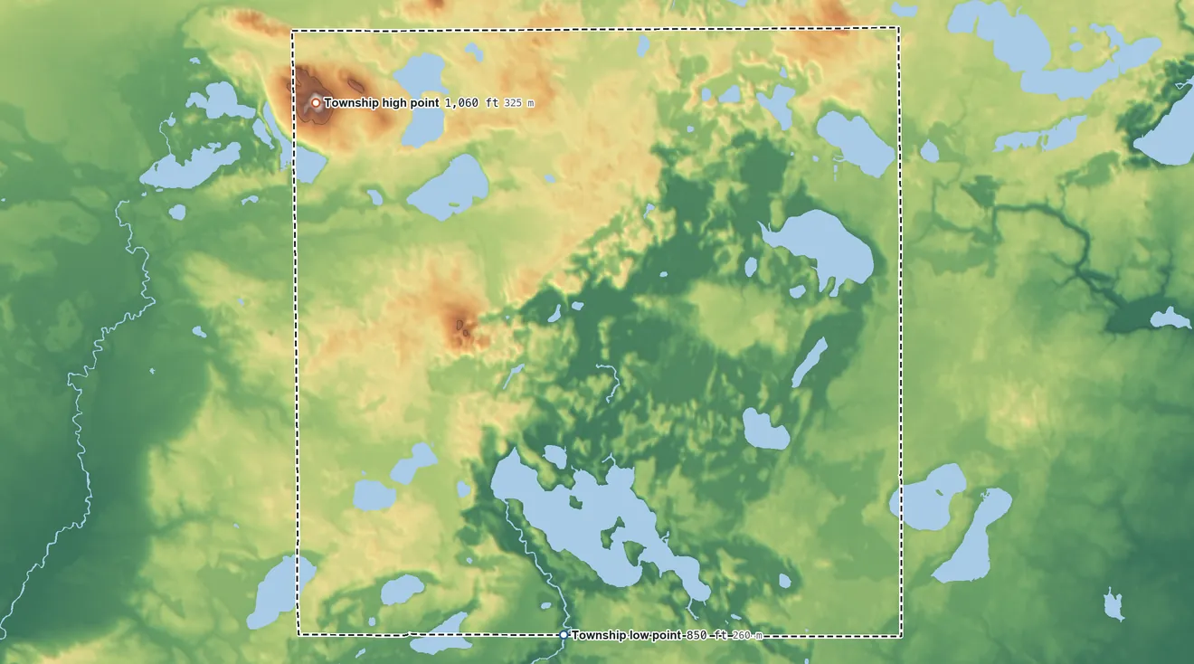 Topographic elevation map of Hill Township, Michigan, shaded from 850 ft on the south side to 1,060 ft on the northwest side
