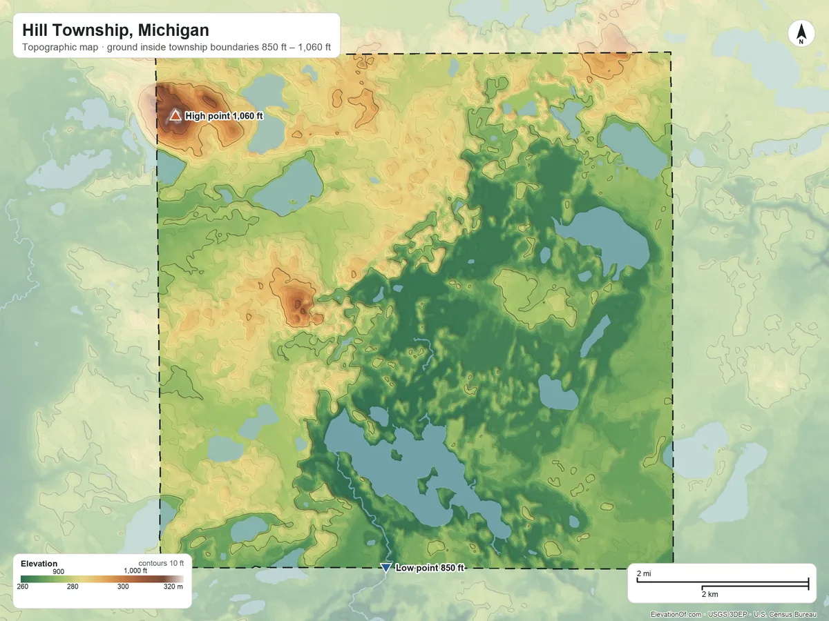 Topographic elevation map of Hill Township, Michigan, shaded from 850 ft on the south side to 1,060 ft on the northwest side