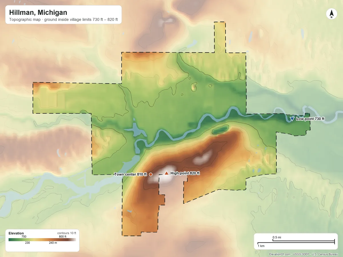 Topographic elevation map of Hillman, Michigan, shaded from 730 ft on the east side to 820 ft near the middle