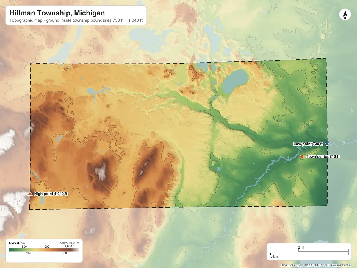 Topographic elevation map of Hillman Township, Michigan, shaded from 730 ft near the middle to 1,040 ft on the west side