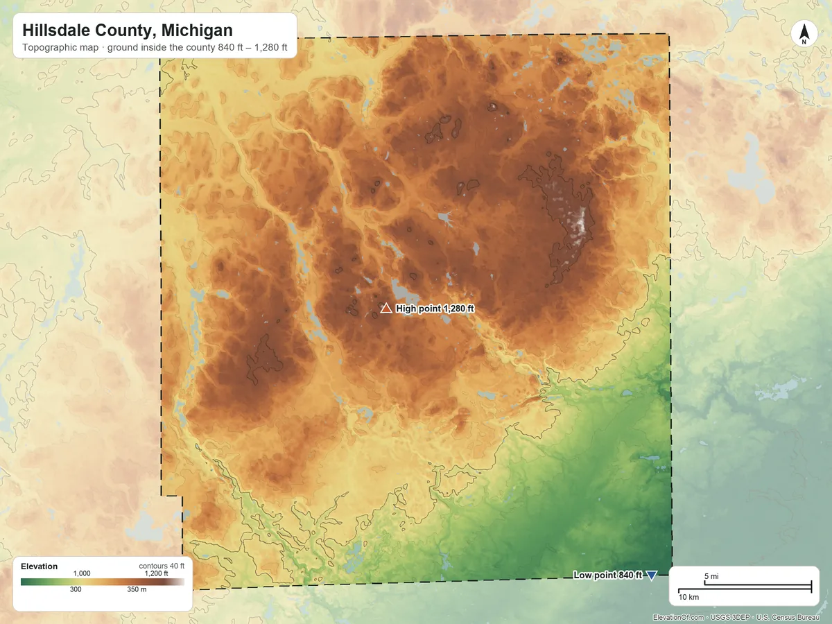 Topographic elevation map of Hillsdale County, Michigan, shaded from 840 ft on the southeast side to 1,280 ft near the middle