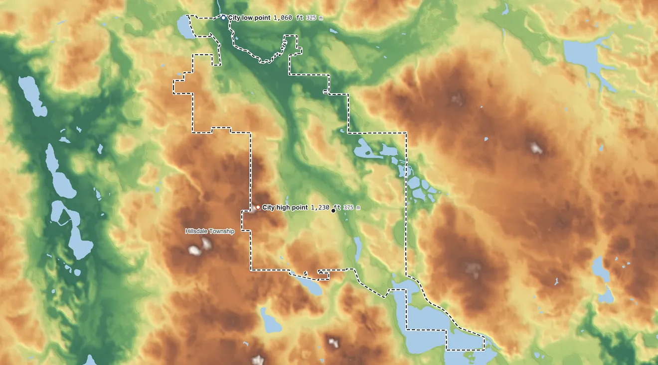 Topographic elevation map of Hillsdale, Michigan, shaded from 1,060 ft on the northwest side to 1,230 ft on the west side