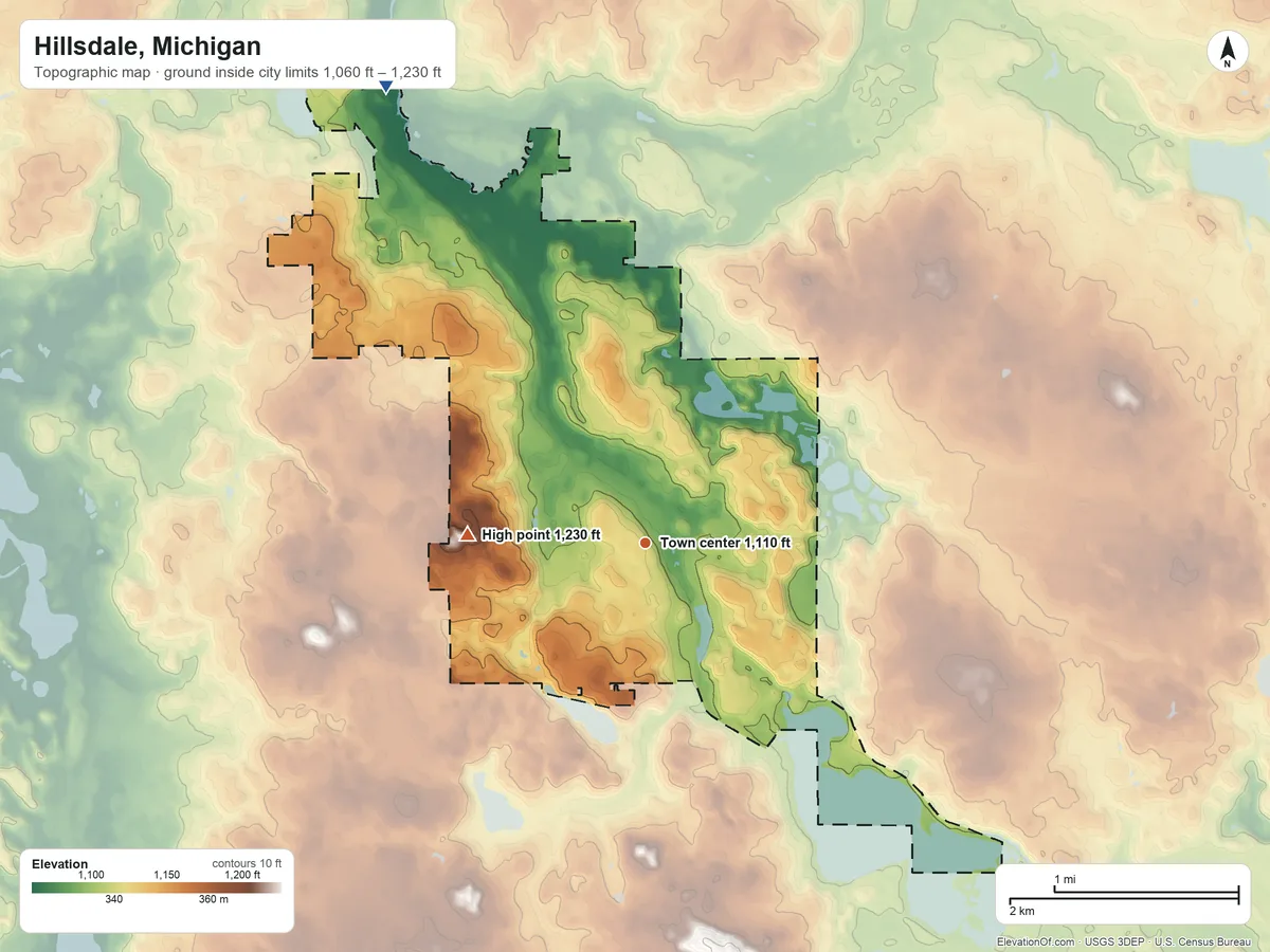 Topographic elevation map of Hillsdale, Michigan, shaded from 1,060 ft on the northwest side to 1,230 ft on the west side