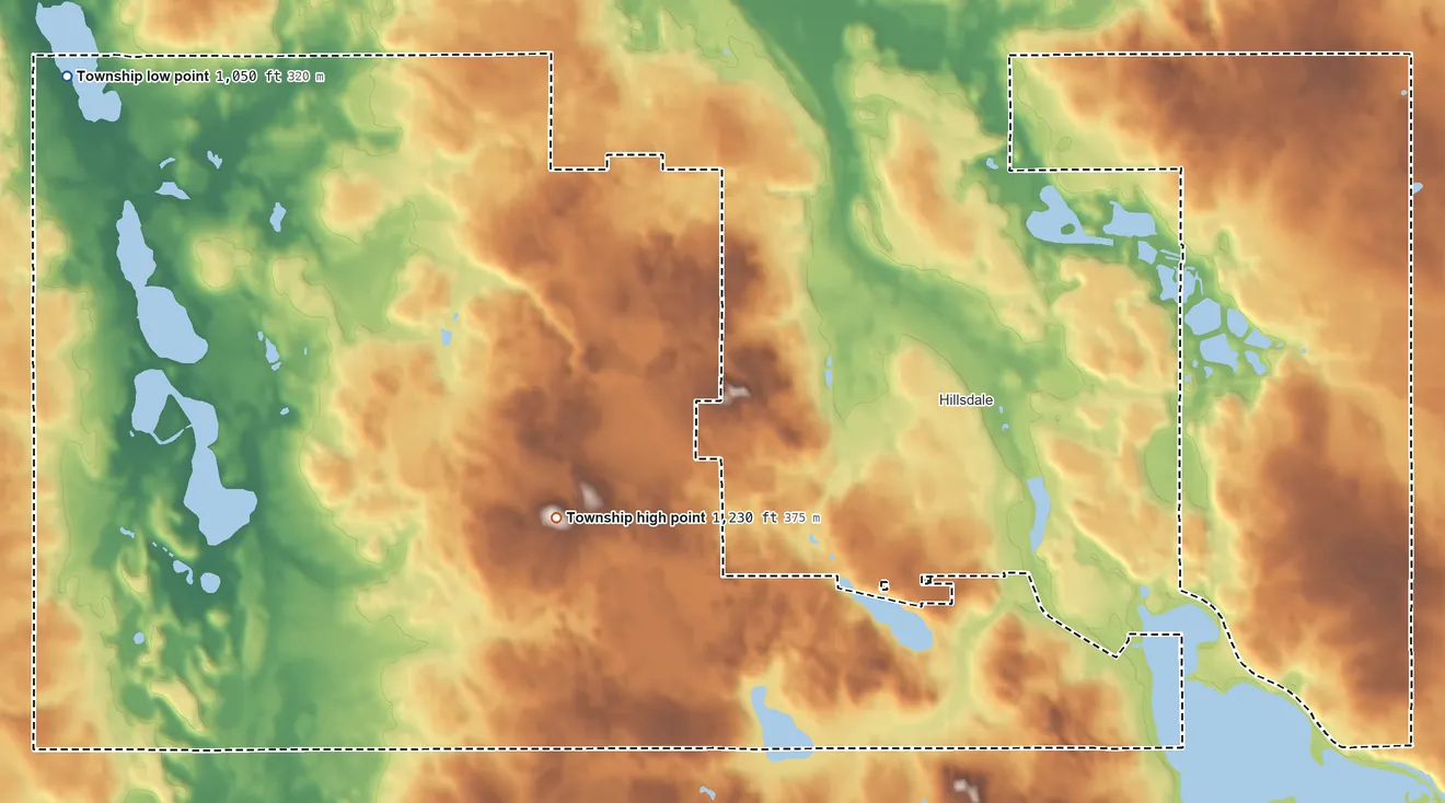 Topographic elevation map of Hillsdale Township, Michigan, shaded from 1,050 ft on the northwest side to 1,230 ft near the middle