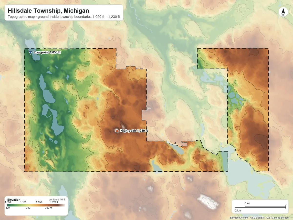 Topographic elevation map of Hillsdale Township, Michigan, shaded from 1,050 ft on the northwest side to 1,230 ft near the middle