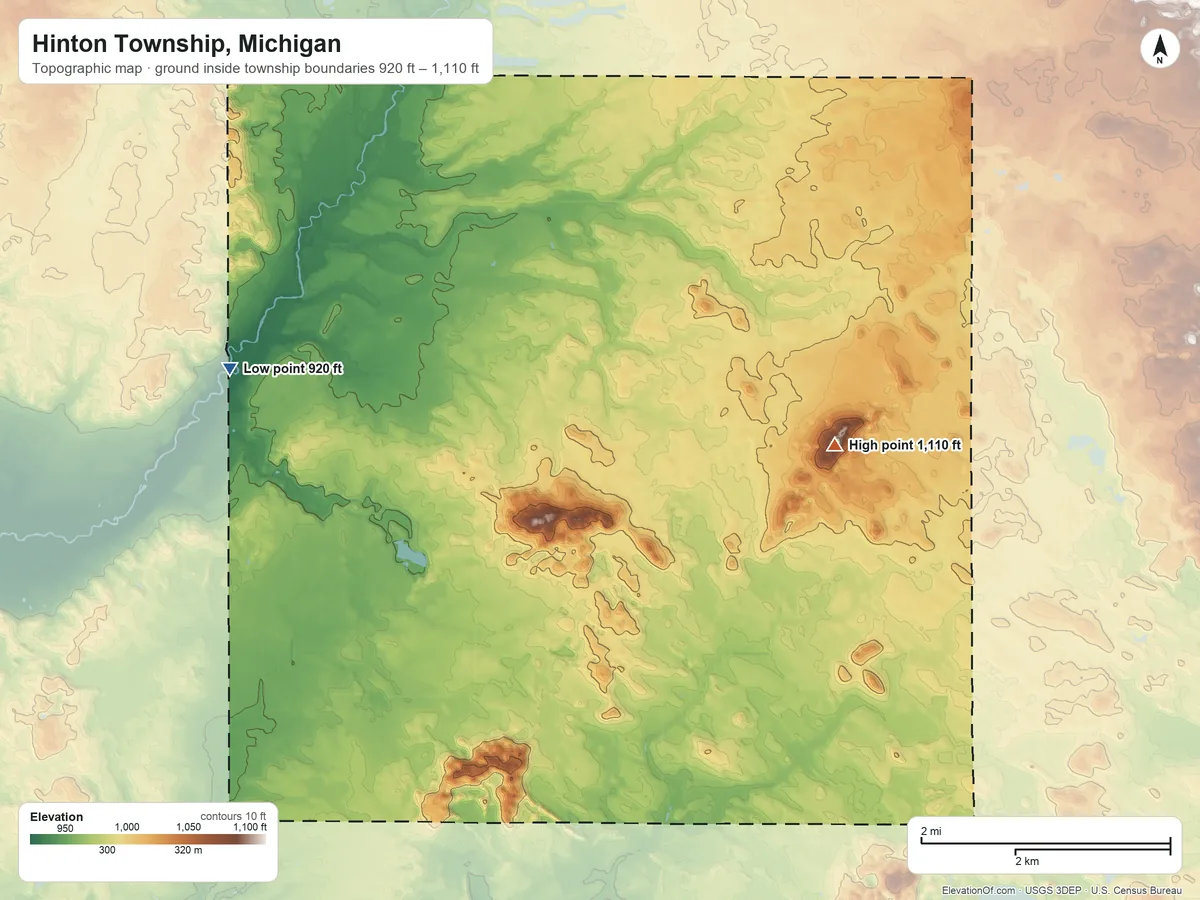 Topographic elevation map of Hinton Township, Michigan, shaded from 920 ft on the west side to 1,110 ft on the east side