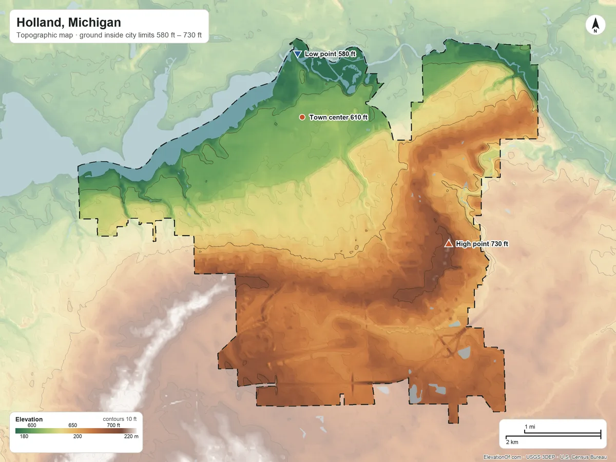 Topographic elevation map of Holland, Michigan, shaded from 580 ft on the north side to 730 ft on the southeast side