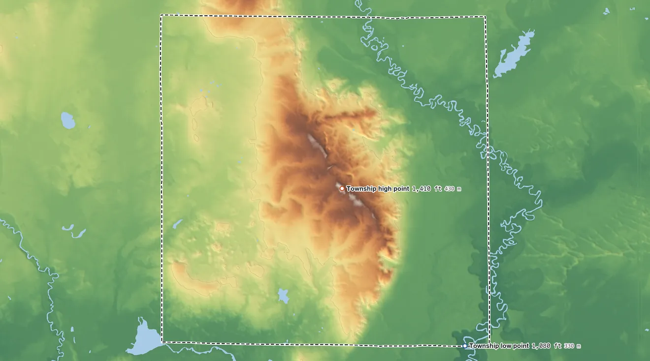 Topographic elevation map of Holland Township, Missaukee County, Michigan, shaded from 1,080 ft on the southeast side to 1,410 ft on the southeast side