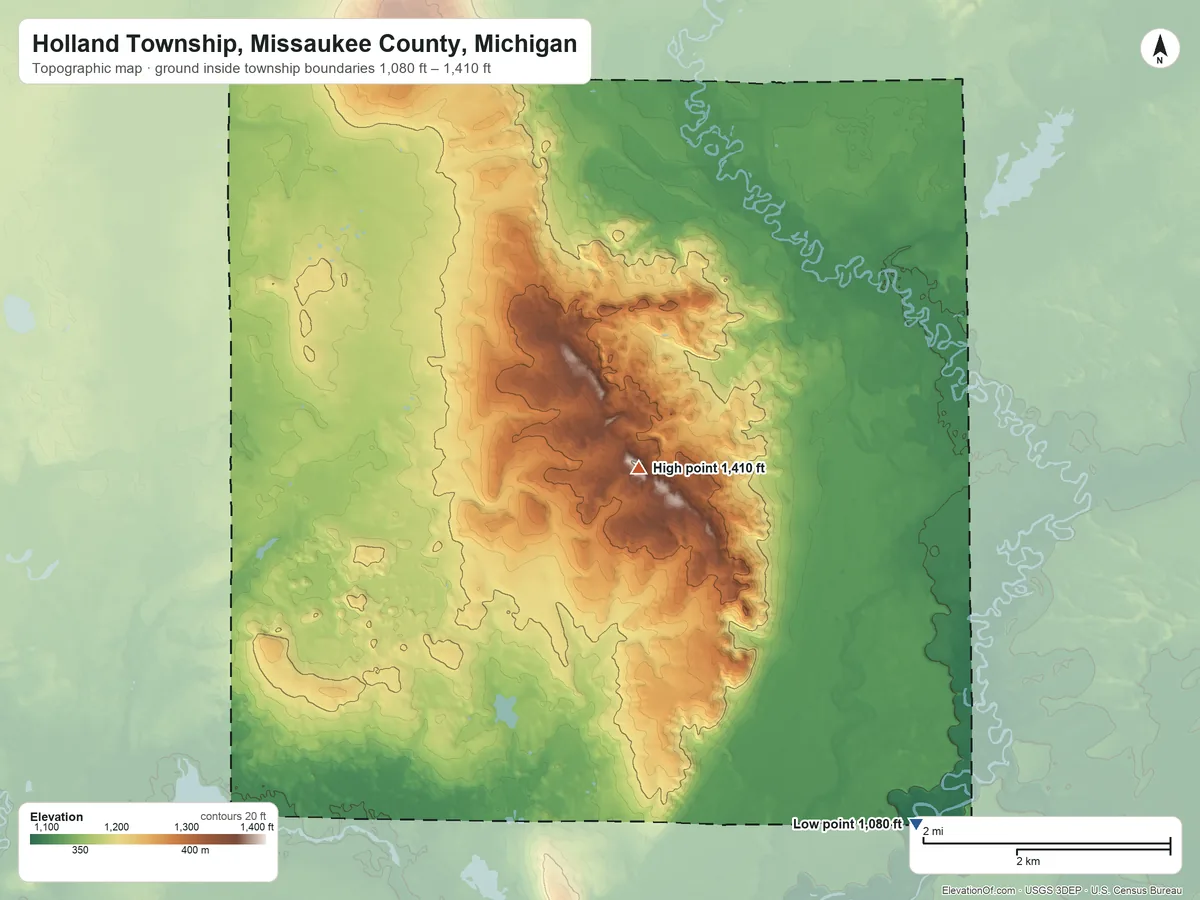 Topographic elevation map of Holland Township, Missaukee County, Michigan, shaded from 1,080 ft on the southeast side to 1,410 ft on the southeast side