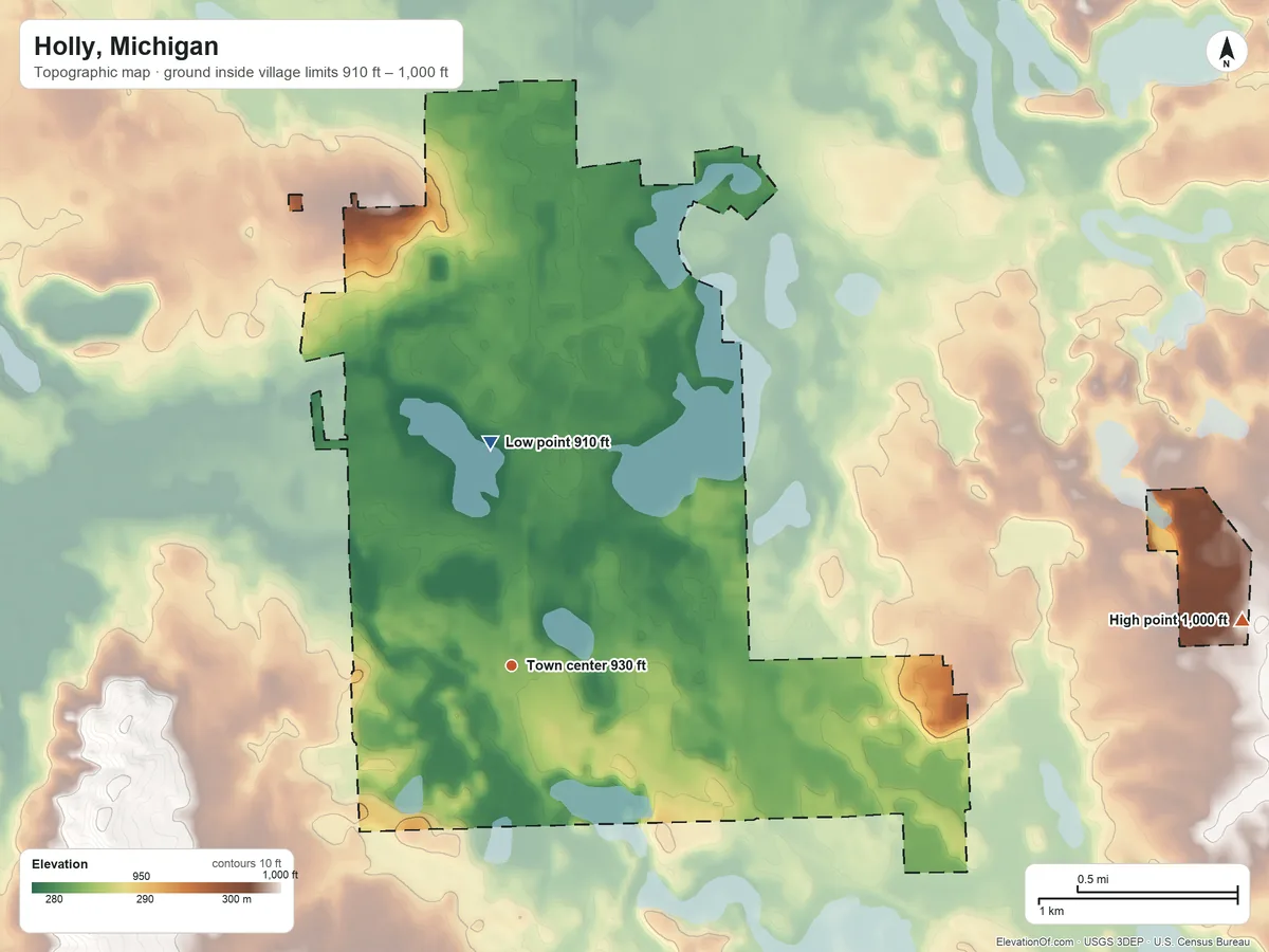 Topographic elevation map of Holly, Michigan, shaded from 910 ft on the north side to 1,000 ft on the east side