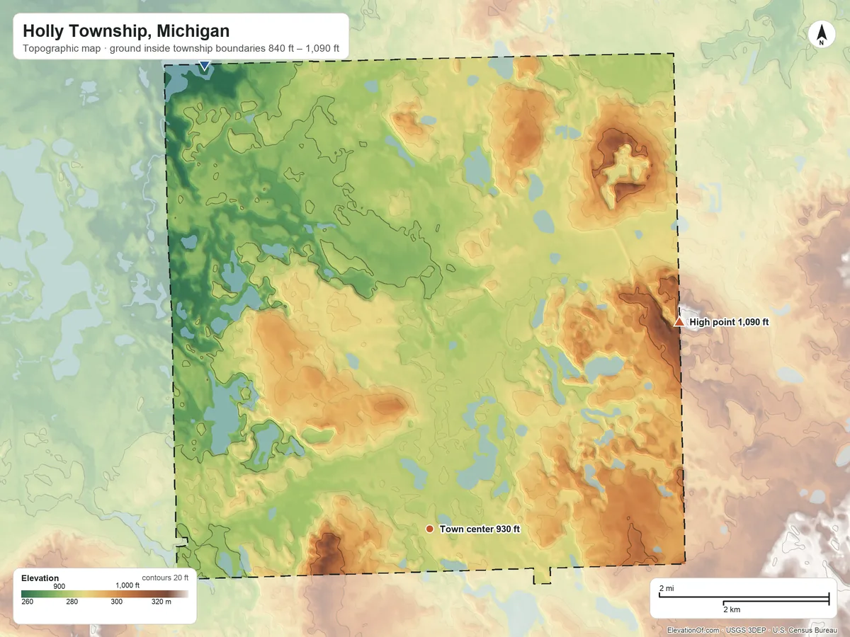Topographic elevation map of Holly Township, Michigan, shaded from 840 ft on the northwest side to 1,090 ft on the northeast edge, below higher ground just outside