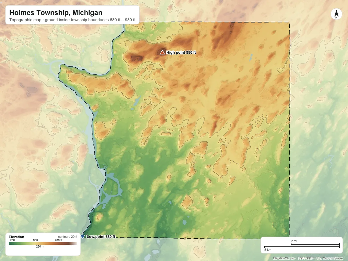 Topographic elevation map of Holmes Township, Michigan, shaded from 680 ft on the southwest side to 980 ft on the northwest side
