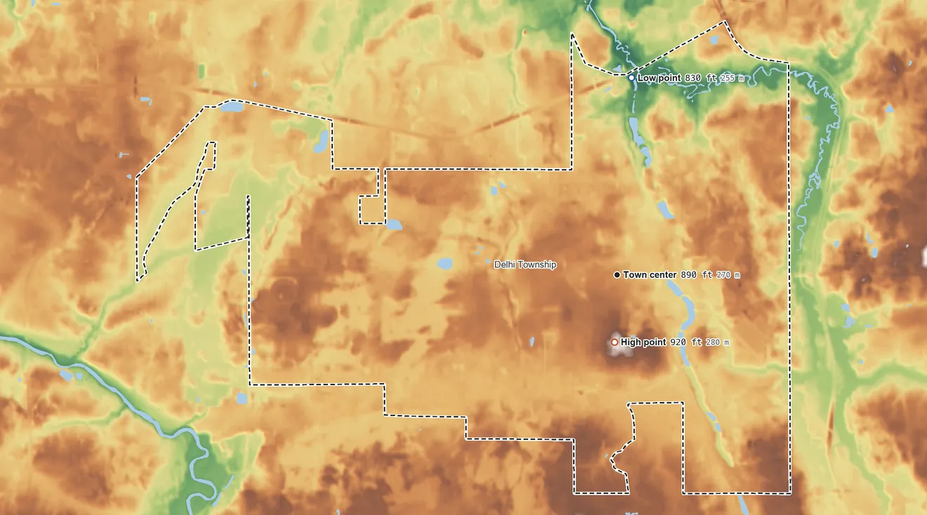 Topographic elevation map of Holt, Michigan, shaded from 830 ft on the north side to 920 ft near the middle