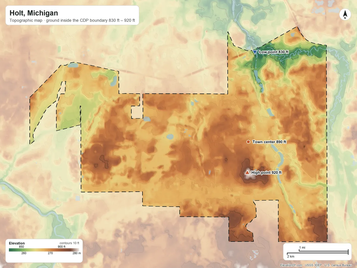 Topographic elevation map of Holt, Michigan, shaded from 830 ft on the north side to 920 ft near the middle