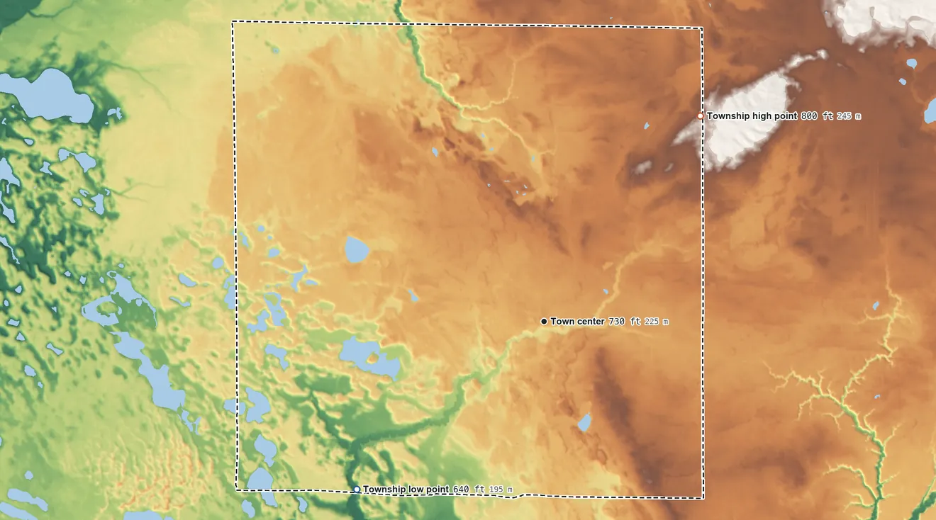 Topographic elevation map of Holton Township, Michigan, shaded from 640 ft on the southwest side to 800 ft on the northeast side