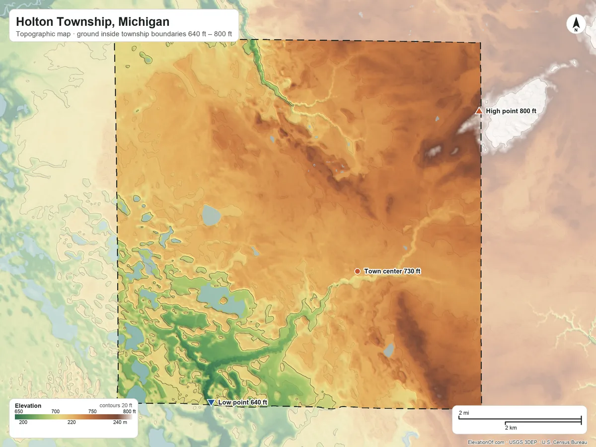 Topographic elevation map of Holton Township, Michigan, shaded from 640 ft on the southwest side to 800 ft on the northeast side