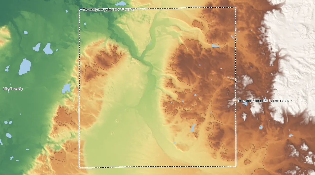 Topographic elevation map of Home Township, Newaygo County, Michigan, shaded from 840 ft on the northwest side to 1,120 ft on the east side