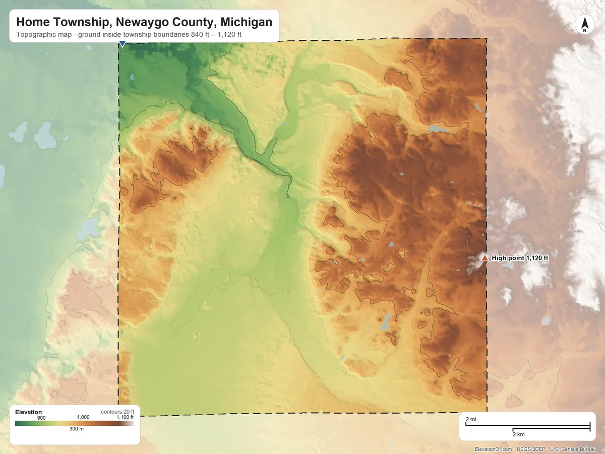 Topographic elevation map of Home Township, Newaygo County, Michigan, shaded from 840 ft on the northwest side to 1,120 ft on the east side