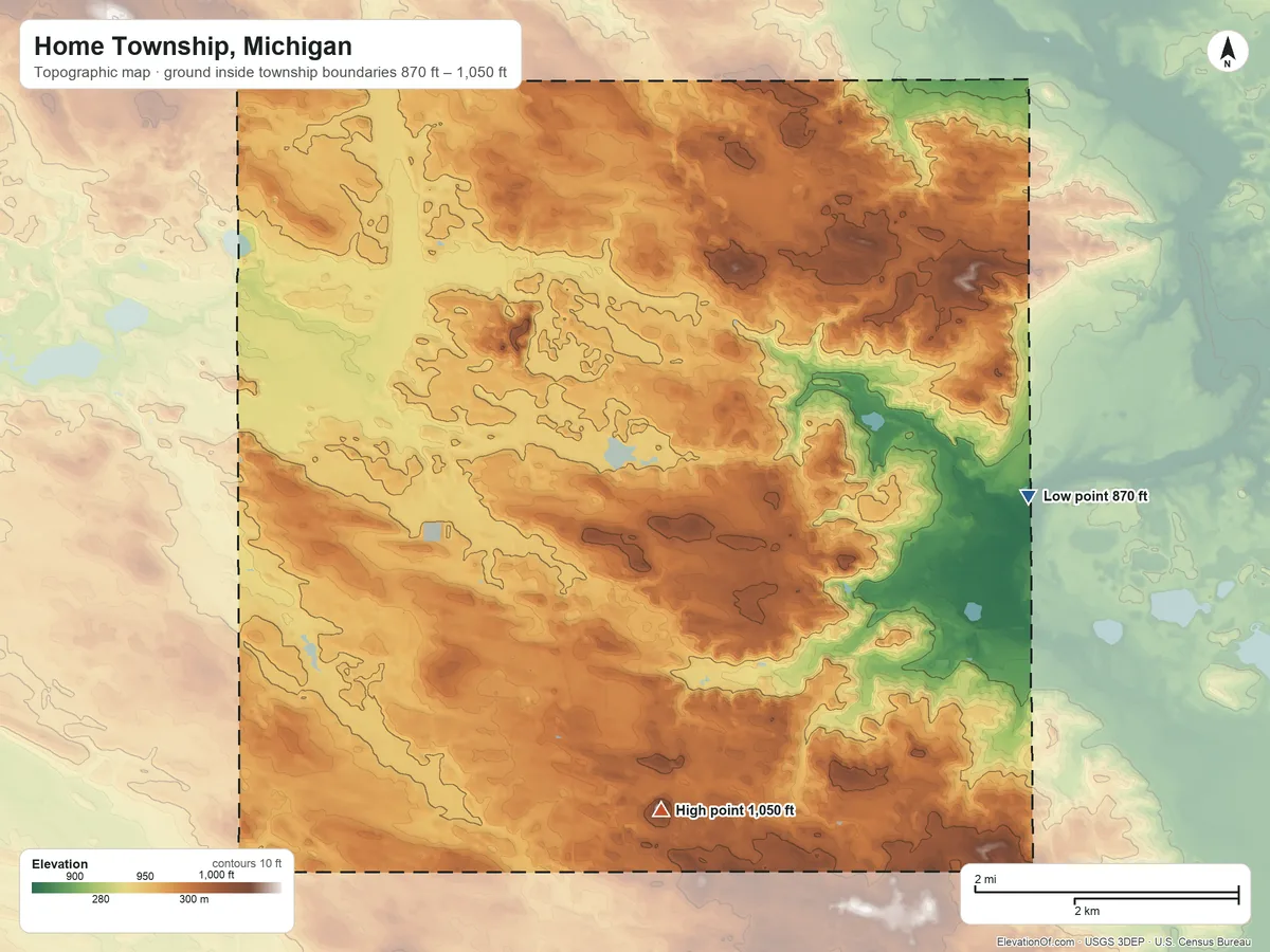 Topographic elevation map of Home Township, Michigan, shaded from 870 ft on the east side to 1,050 ft on the south side
