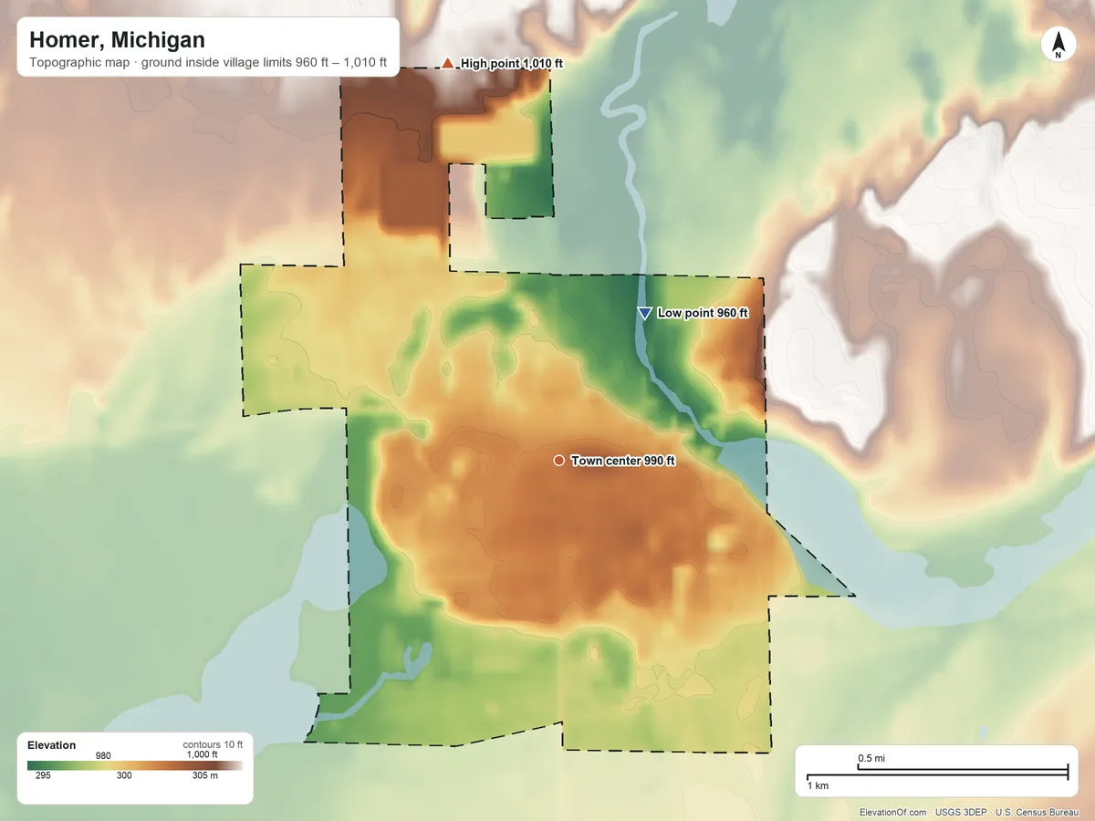 Topographic elevation map of Homer, Michigan, shaded from 960 ft on the northeast side to 1,010 ft on the north side
