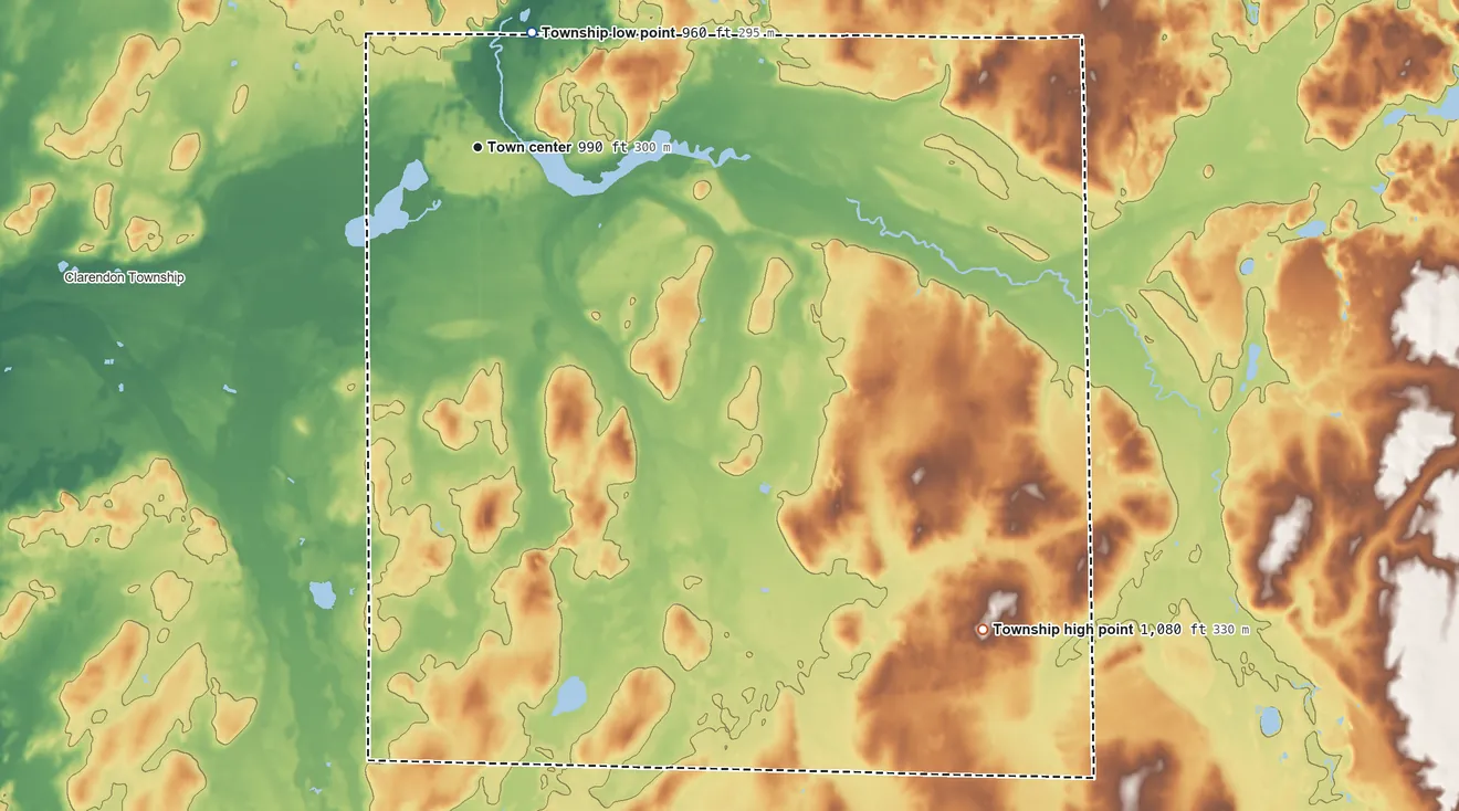 Topographic elevation map of Homer Township, Calhoun County, Michigan, shaded from 960 ft on the northeast side to 1,080 ft on the southeast side