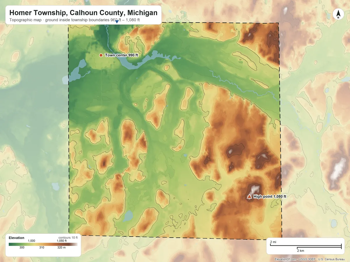 Topographic elevation map of Homer Township, Calhoun County, Michigan, shaded from 960 ft on the northeast side to 1,080 ft on the southeast side