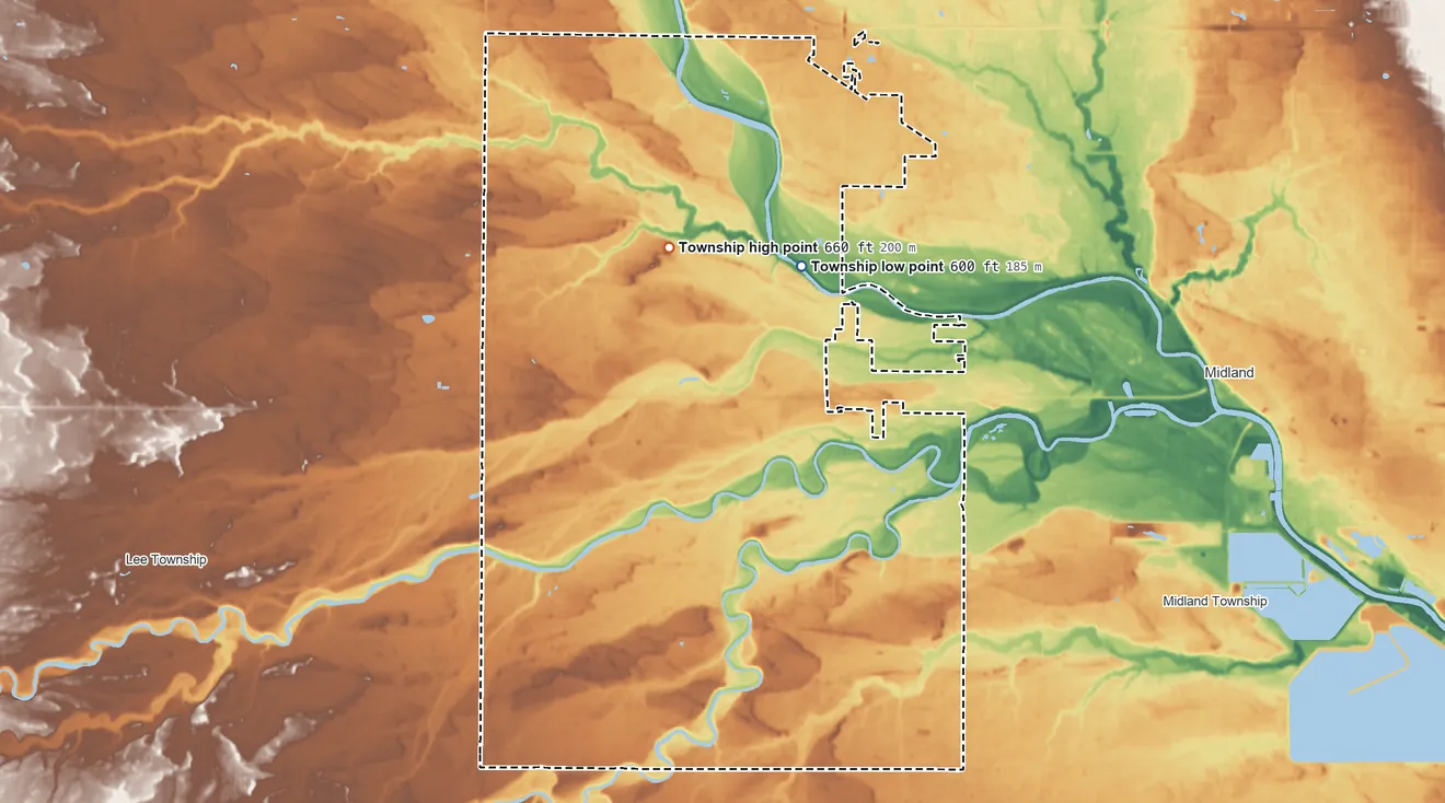 Topographic elevation map of Homer Township, Michigan, shaded from 600 ft on the northeast side to 660 ft on the north side