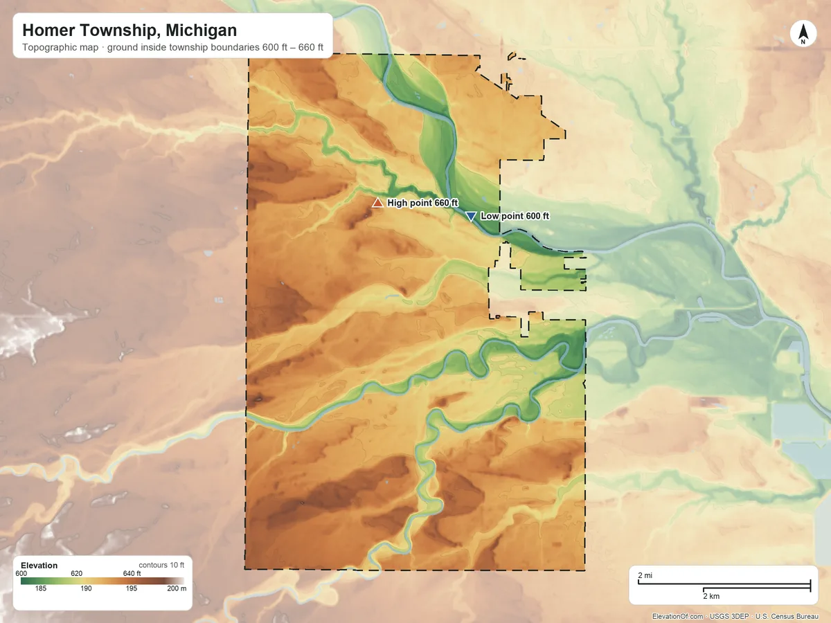 Topographic elevation map of Homer Township, Michigan, shaded from 600 ft on the northeast side to 660 ft on the north side